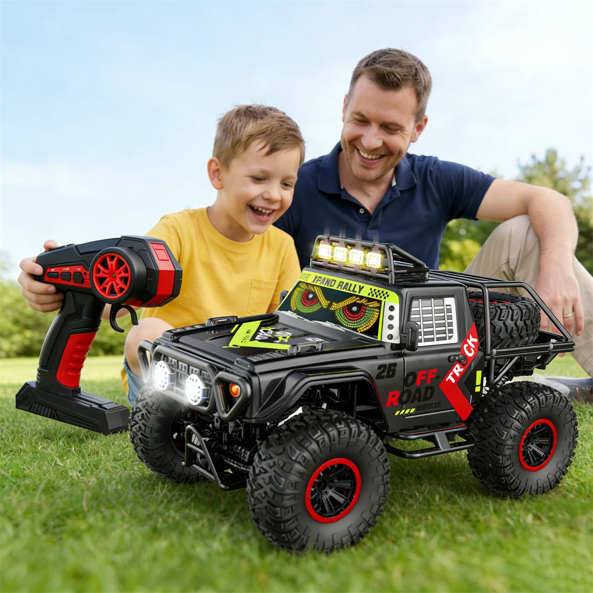 HNH 1:10 Scale 4WD Remote Control Car for Kids, 2.4GH Rc Car Off Road Monster Truck with LED Light, 2 Batteries, 25KM/H
