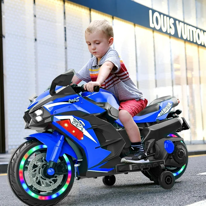 HNH 12V Ride on Motorcycle for Kids, Battery Powered Motorcycle for Child with LED Lights Wheels and Bluetooth Music (Blue)