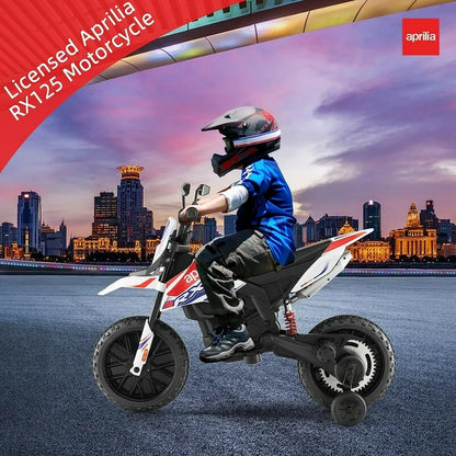 Techvida Kids Motorcycle,12V Aprilia Licensed Battery Powered Electric Vehicle Dirt Bike w/Training Wheels,Headlight & Music,Spring Suspension,Ride on Motorcycle,Gift for Boys Girls,White