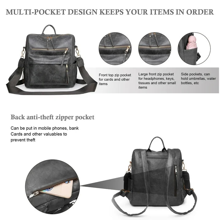HONGLONG Fashion Backpack Purse for Women Convertible Travel Shoulder Bag PU Leather Handbags,Black