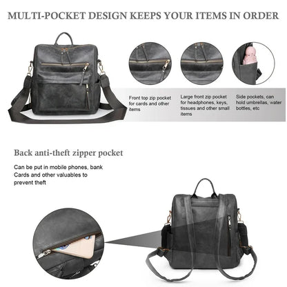 HONGLONG Fashion Backpack Purse for Women Convertible Travel Shoulder Bag PU Leather Handbags,Black