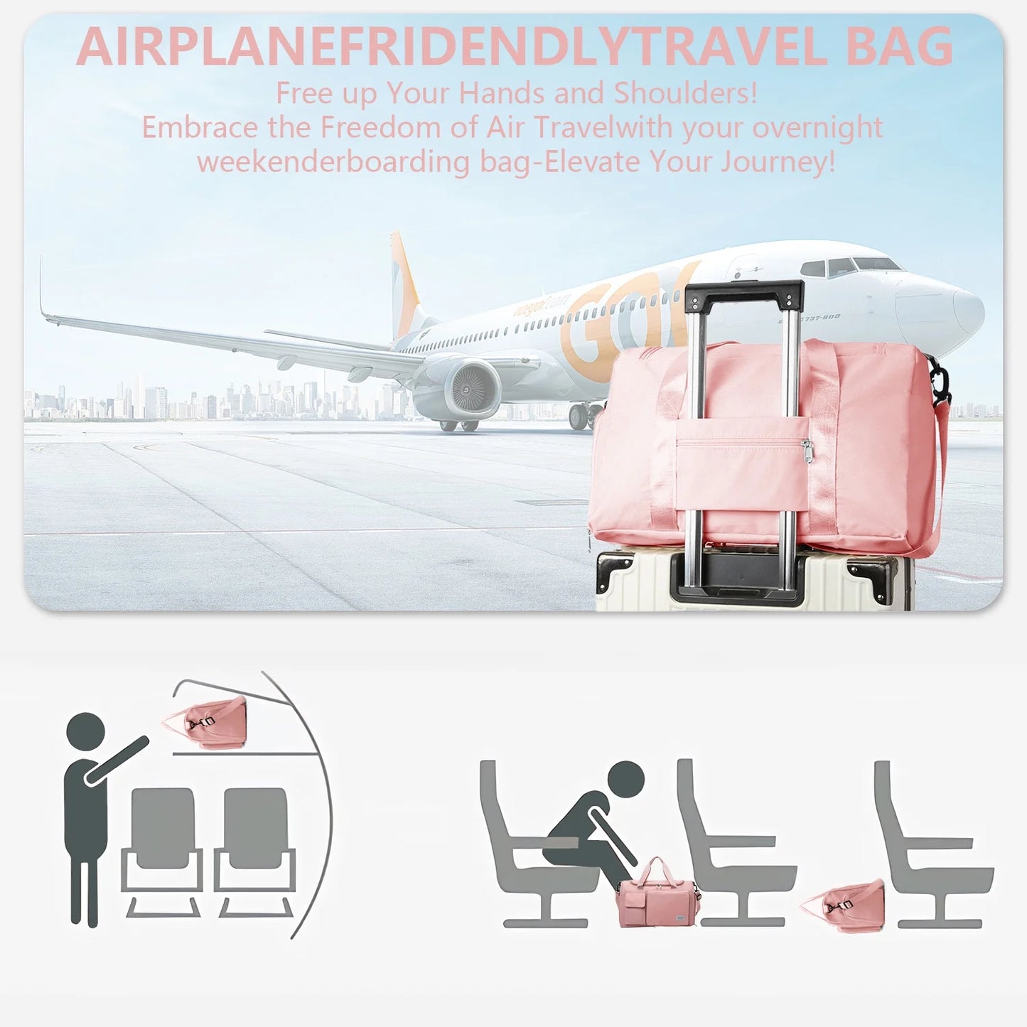 YOMYM Gym Bag for Women, Waterproof Duffle Bag Carry On Weekender Bag with Shoe Compartment & Wet Pocket, Tote Bag for Travel, Pink