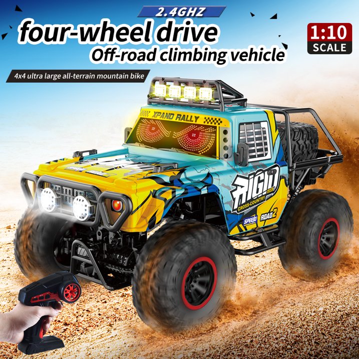 HNH 1:10 Remote Control Car Off-Road Truck for Kids, 4WD Rc Car Off Road Monster Truck with LED Light, Music, 2 Batteries