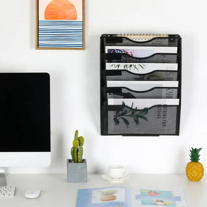 Techvida Wall File Holder, Office Mesh Hanging File Folder with 5 Pockets, Magazine Rack Mail Storage
