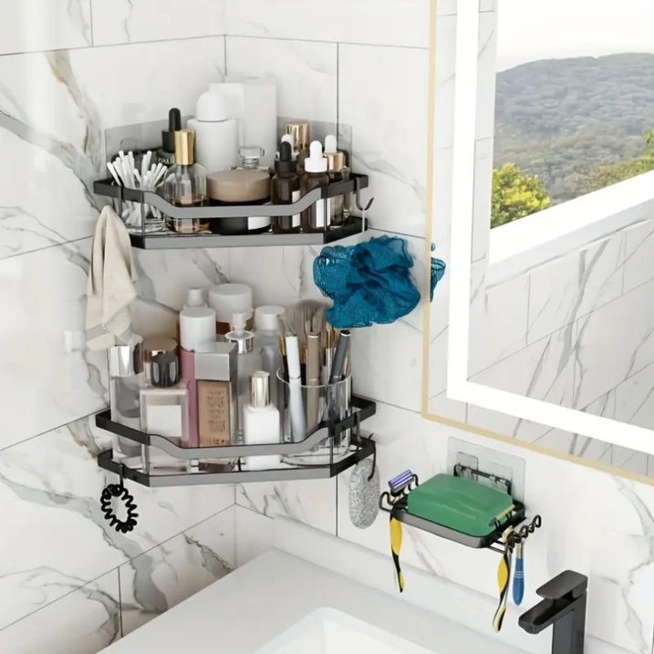 TECHVIDA 3 PCS Corner Shower Caddy Organizer, 2 Tier Self-Adhesive Bathroom Organizer Shower Caddy Basket With Soap Holder, No Drilling Wall Mounted Rustproof Stainless Steel Bath Rack Black