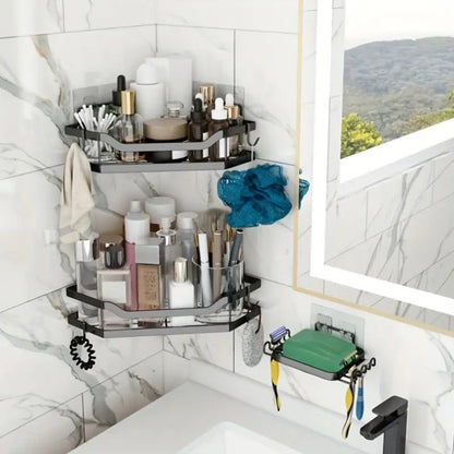 TECHVIDA 3 PCS Corner Shower Caddy Organizer, 2 Tier Self-Adhesive Bathroom Organizer Shower Caddy Basket With Soap Holder, No Drilling Wall Mounted Rustproof Stainless Steel Bath Rack Black