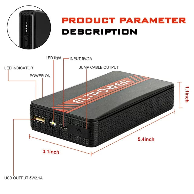 ELTPOWER 1200A Peak Car Jump Starter - Portable 12000mAh Jump Starter, 12V Battery Booster Power Pack, up to 7.0L Gas, LED Light