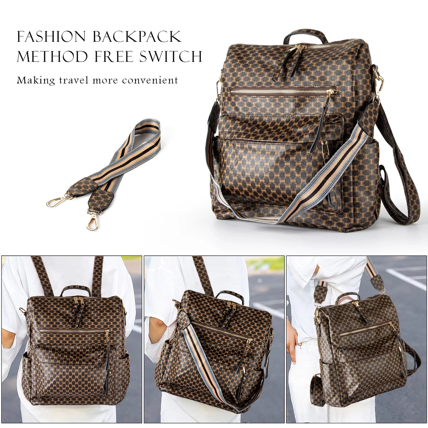 YOMYM Leather Backpack Purse for Women Designer Travel Backpack Purses PU Fashion Ladies Shoulder Bag