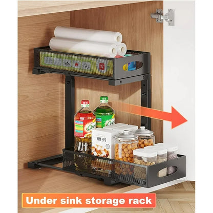 WERSEON Under Sink Organizer, 2 Tier Stainless Steel Pull out Cabinet Organizer Baskets with Mesh Sliding Drawers, Slide out Storage Shelf for Kitchen, Bathroom, Countertop
