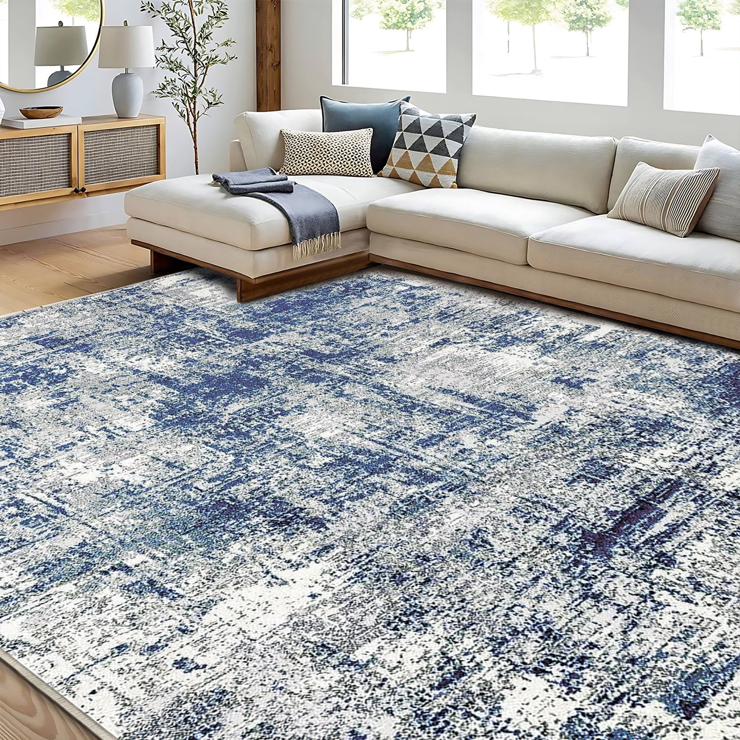 TECHVIDA Modern Area Rug 4x6,Machine Washable Rugs for Living Room,Indoor Carpet Foldable Nonslip,Bedroom Living Room Office-Blue