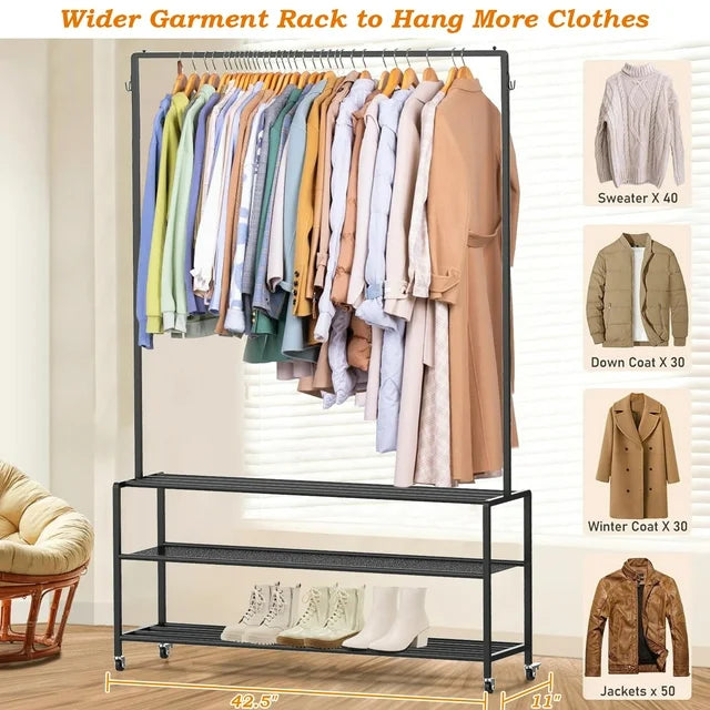 Techvida Clothes Rack Heavy Duty Clothing,Garment Rack Freestanding,Rods Garment Rack with Wheels,Multi-Functional Bedroom Clothes Rack,Black
