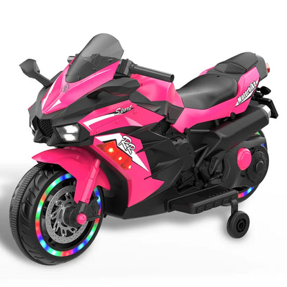HNH 12V Ride on Toys for Girls, Electric Motorcycle Toys with Training Wheels, Powered Motorcycle with Music, Bluetooth, Lights