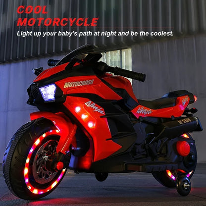 Techvida Electric Motorcycle for Kids, 12V Ride on Motorcycle with Hand Racing /Foot Brake/Light Wheel/PU seat , LED Lights and Music