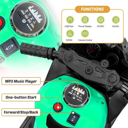 YOMYM 12V Kids Motorcycle with Bluetooth, Light, MP3, Battery Powered Motorcycle for 3-6 Years Boys Girls