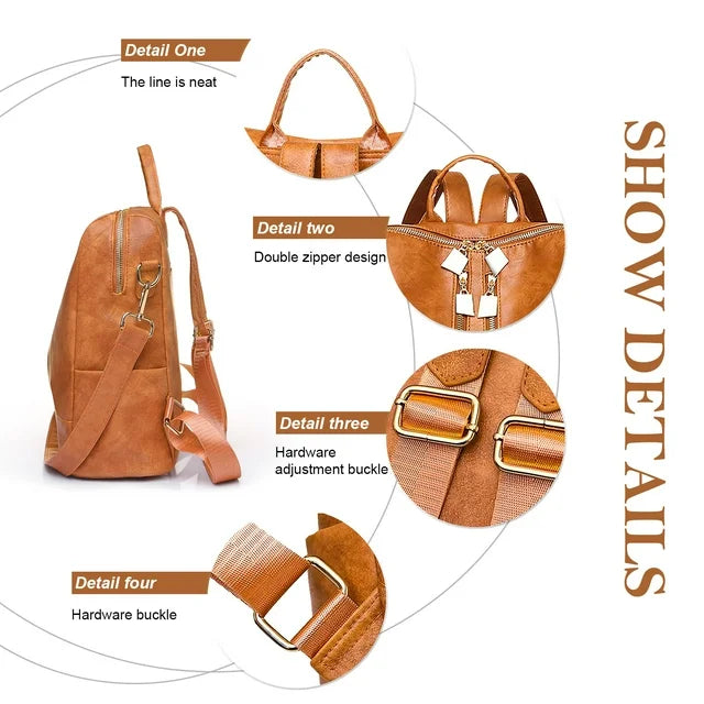 BATE Women's Backpack, Large Capacity Backpack,Leather Handbags and Shoulder Bag Travel Bags,Brown