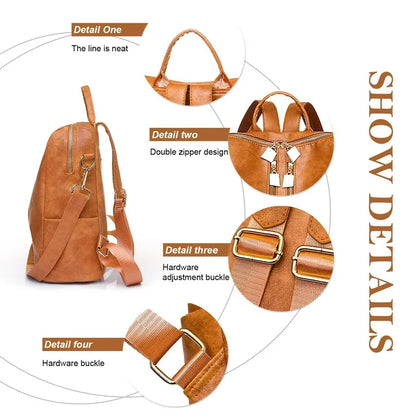 BATE Women's Backpack, Large Capacity Backpack,Leather Handbags and Shoulder Bag Travel Bags,Brown