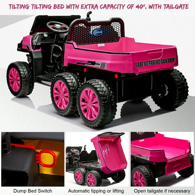 HNH 24V Seater Ride on Truck with Remote Control, Kids Ride on Tractor with 6 Wheels, Battery Powered Kids Car with Dump Bed, LED Headlight, Bluetooth