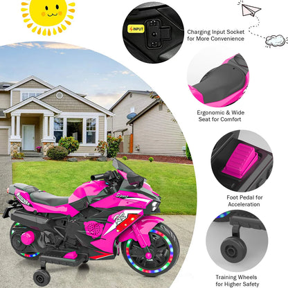 Cheelom 12V Kids Ride on Motorcycle, 2 Wheels Motorbike for Kids with Training, Lights, Music Pink