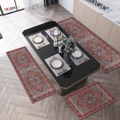 TECHVIDA Kitchen Rugs 3 Piece Set,Non Slip Machine Washable Kitchen Mats,Boho Vintage Abstract Kitchen Carpet for Farmhouse Living Room Hallway