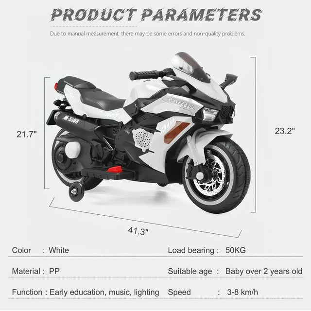 12V Motorcycle for Girls Boys, Ride on Motorcycle with Light Wheel and PU Seat, Kids Electric Motorcycle for Children-White