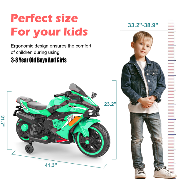 HNH 12V Ride on Motorcycle for Kids, Child Battery Powered Motorcycle with LED Lights Wheels and Bluetooth Music (Green)