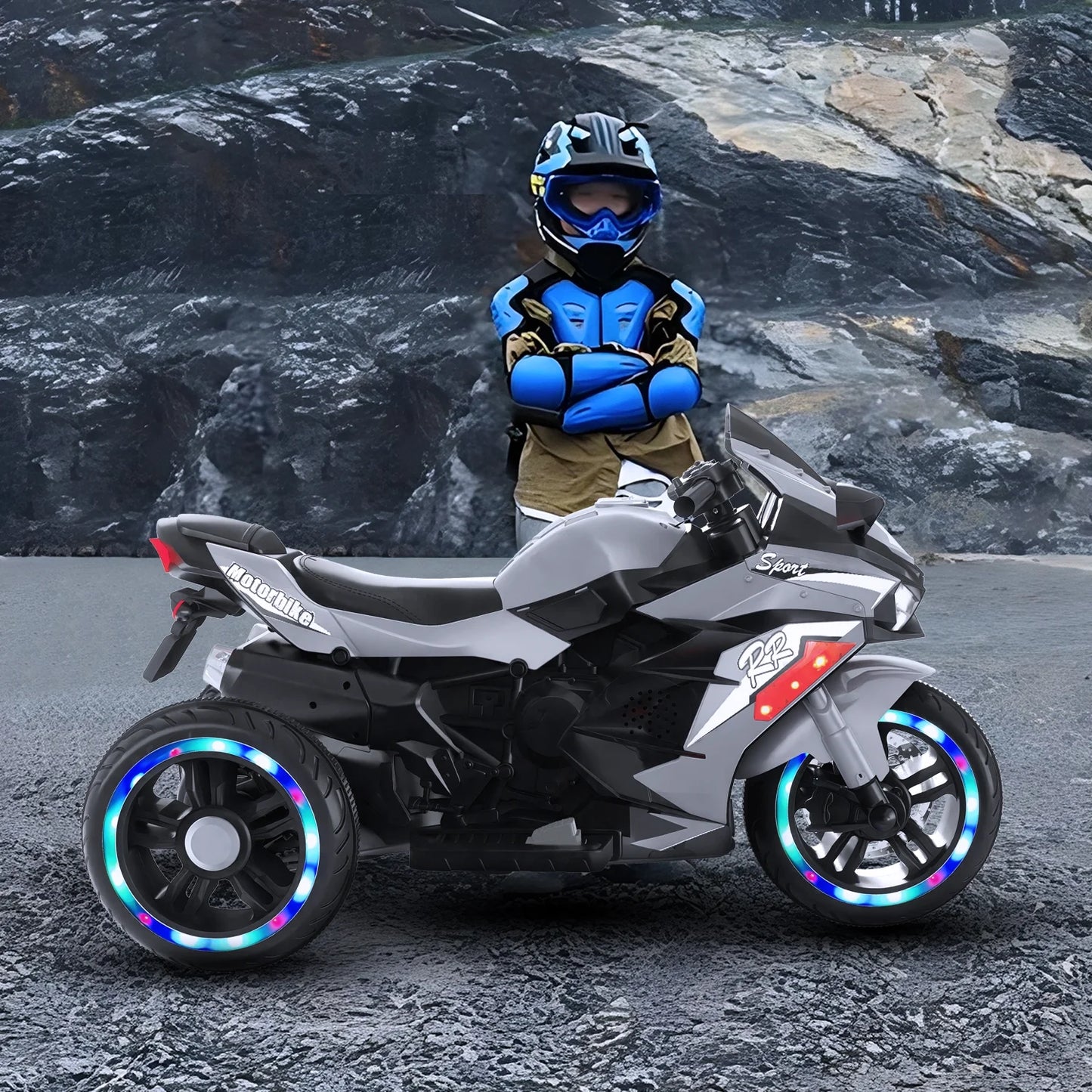 HNH 12V Motorcycle for Boys 3-8 Year Electric Ride On Motorcycle for Brithday Gifts, Kids Motorcycle with LED Lights, Music