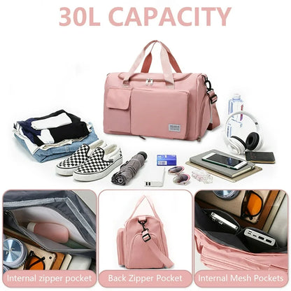 YOMYM Gym Bag for Women, Waterproof Duffle Bag Carry On Weekender Bag with Shoe Compartment & Wet Pocket, Tote Bag for Travel, Pink