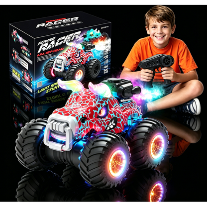 HNH 1:18 RC Monster Trucks Remote Control Car for Kids, 360°Rotating All Terrain RC Stunt Car with Light & Music, Cow-Red