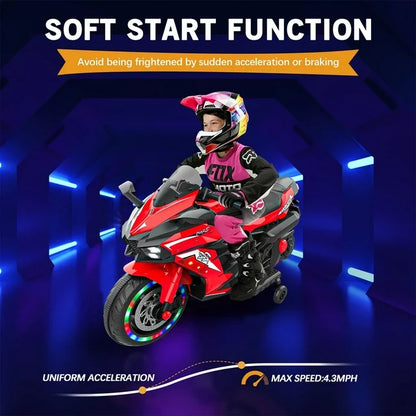 HONGLONG 12V Kids Ride on Motorcycle, 2 Wheels Motorbike for Kids with Training Wheels, Lights, Music Red