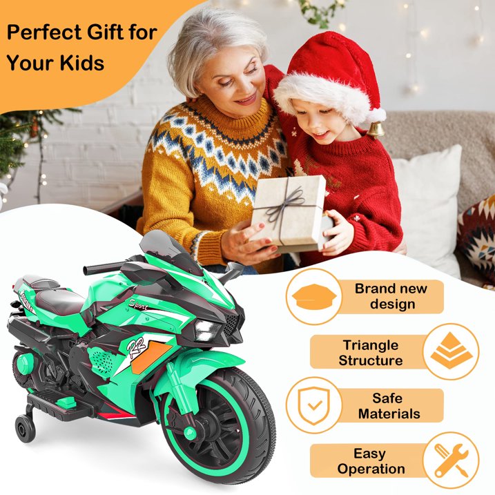 YOMYM 12V Kids Motorcycle with Bluetooth, Light, MP3, Battery Powered Motorcycle for 3-6 Years Boys Girls