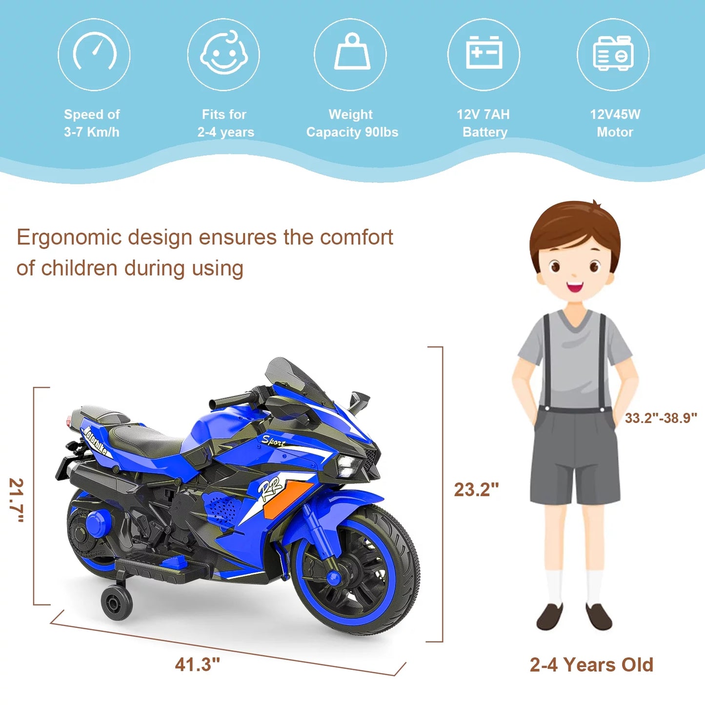 Cheelom Kids Motorcycle,12V Ride on Motorcycle Kids Toys, Children Electric Motorcycle with Hand Racing, PU Seat, Blue