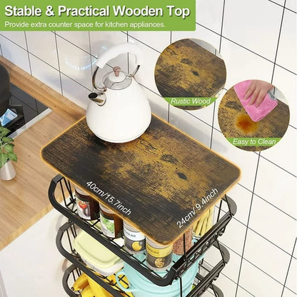 Werseon 4 Tier Fruit Storage Basket, Fruit Vegetable Cart with Solid Wood, Kitchen Storage Rack with Rollers for Pantry