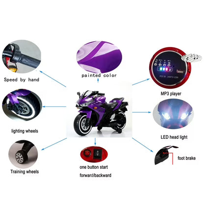 HNH 12V Ride on Motorcycle for Kids 3-8 Yeas, Battery Powered Dirt Bike for Child Electric Motorcycle with Light Wheels,Bluetooth, 4Mph