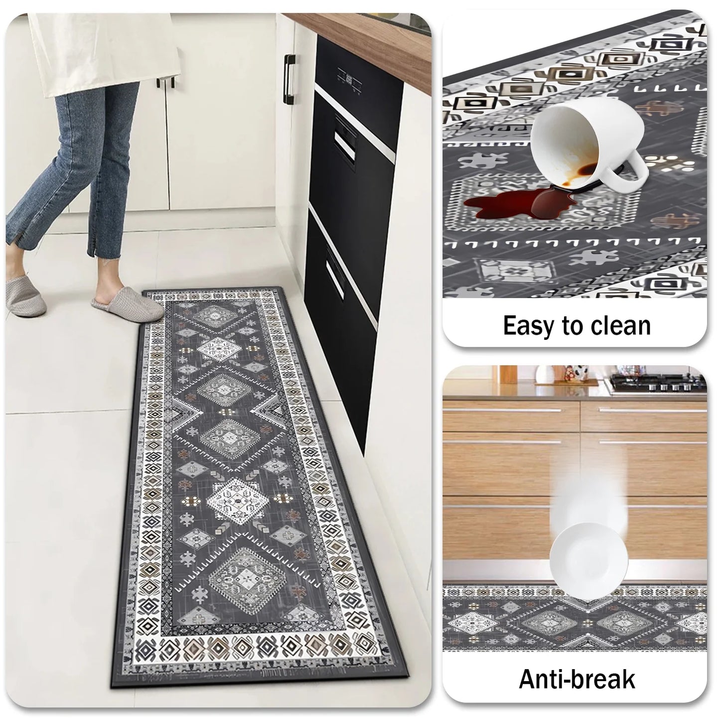 FoxHouse Kitchen Rugs 4 Piece Set,Washable Non Slips Boho Kitchen Floor Mat,Thickness Comfort Standing Mat for Kitchen,Grey