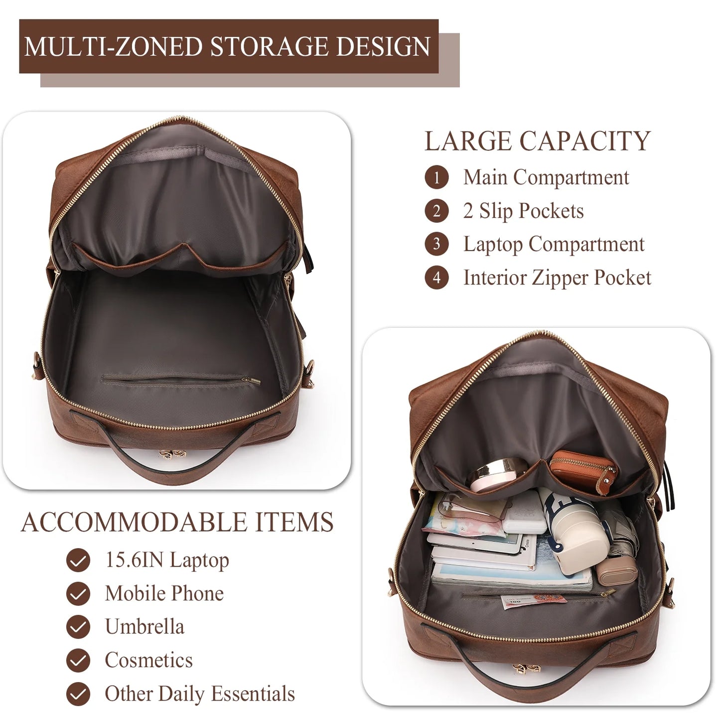 HONGLONG Women's Backpack Purse, PU Leather Laptop Backpack with 15.6 Inch Laptop Compartment, College Work Computer Bag