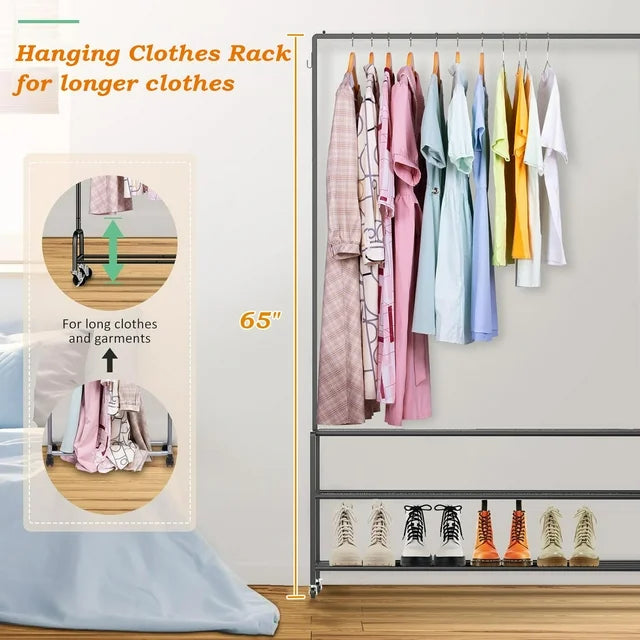 Techvida Clothes Rack Heavy Duty Clothing,Garment Rack Freestanding,Rods Garment Rack with Wheels,Multi-Functional Bedroom Clothes Rack,Black