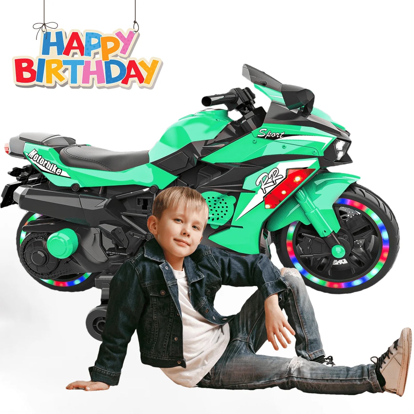 Zogymoz 12V Electric Ride on Motorcycle, Kids Motorcycle for 3-6 Years with Light Wheel & Bluetooth Music-Green
