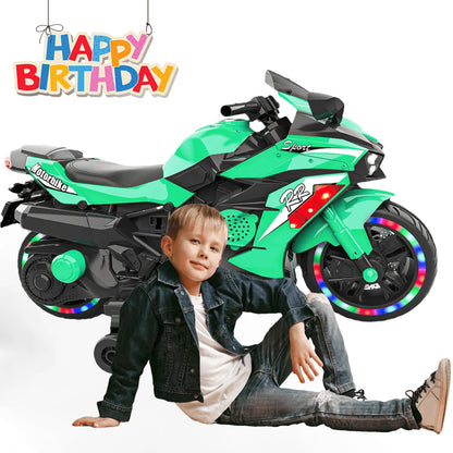 Zogymoz 12V Electric Ride on Motorcycle, Kids Motorcycle for 3-6 Years with Light Wheel & Bluetooth Music-Green