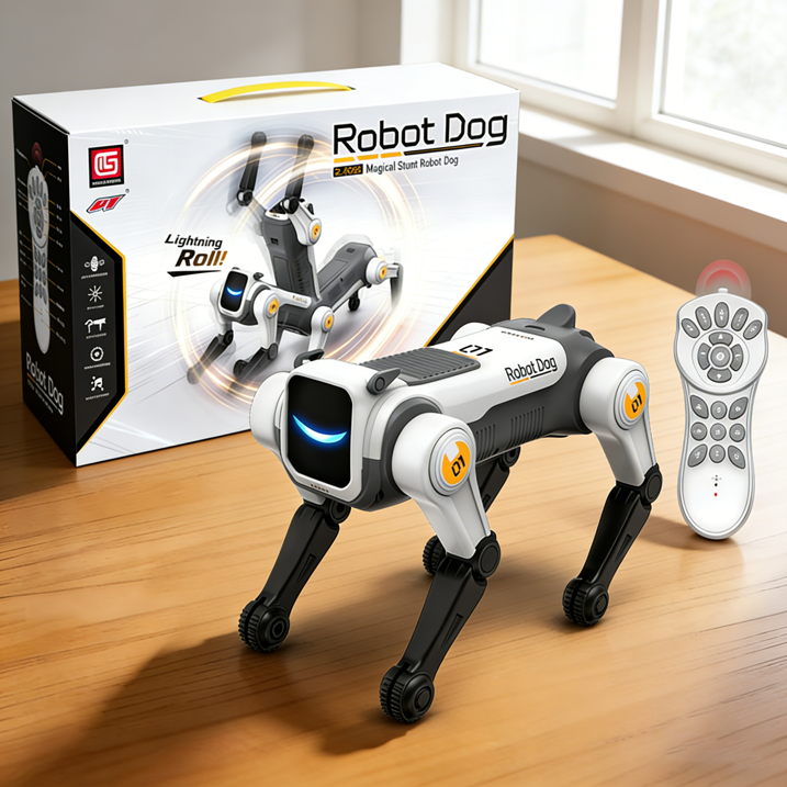HNH Robot Dog Toy for Kids, 2.4Ghz Remote Control Stunt Dog with Music & Light, Voice Commands, White