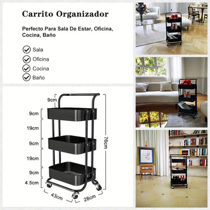 Cheelom 3-Layer Small Trolley Storage Rack, Floor-Standing, Kitchen Bathroom Bedroom Bedside Rack, Black