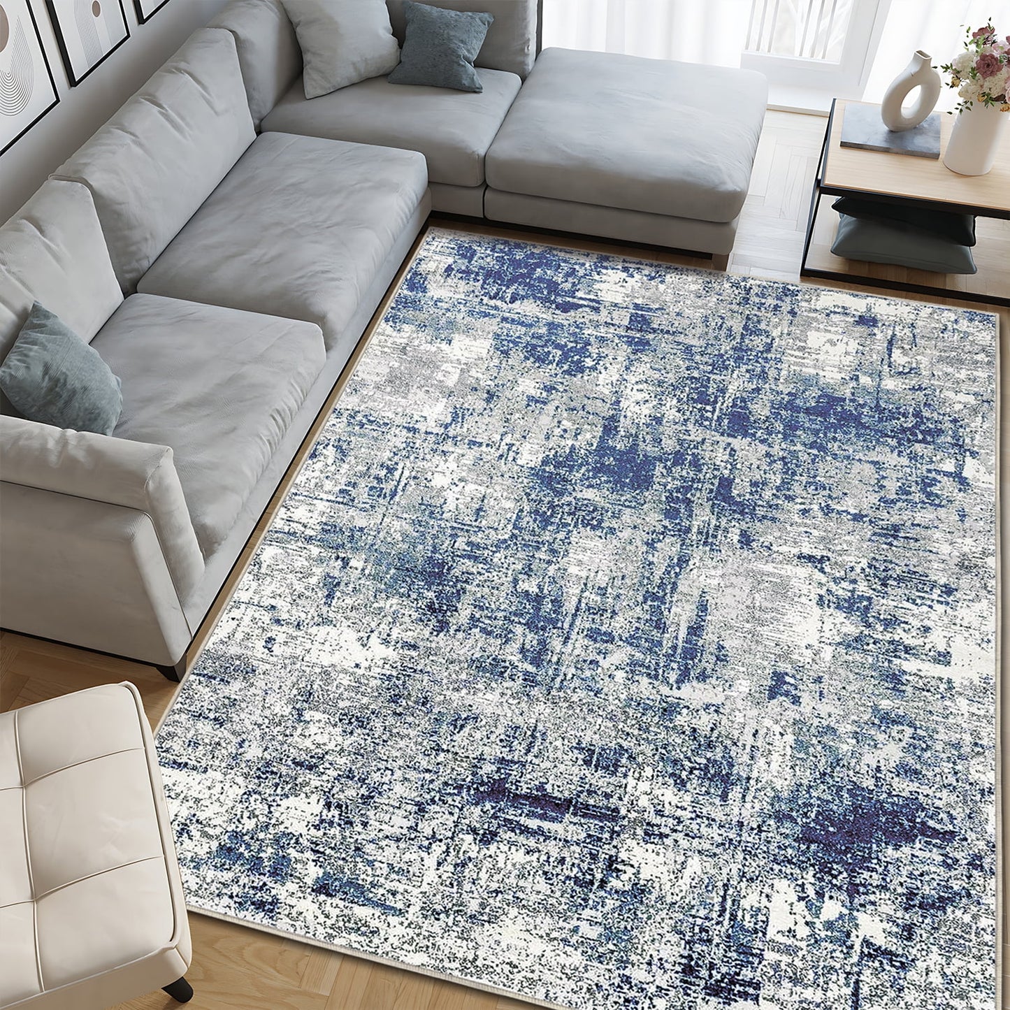 TECHVIDA Modern Area Rug 5x7,Machine Washable Rugs for Living Room,Indoor Carpet Foldable Nonslip,Bedroom Living Room Office-Blue
