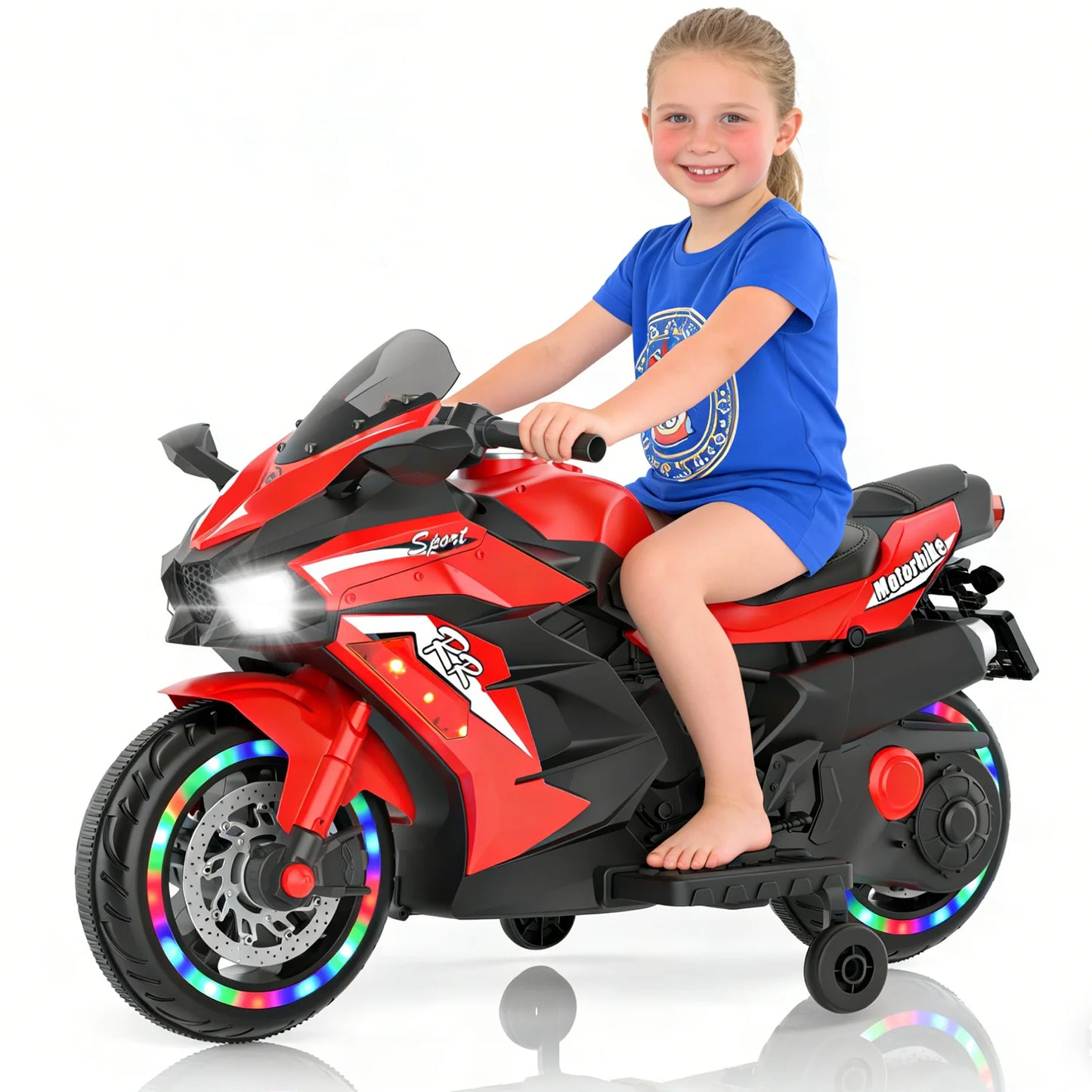 HNH 12V Ride on Motorcycle, Kids Motorcycle with Training Wheels, Electric Motorcycle with Music, Bluetooth, Lights