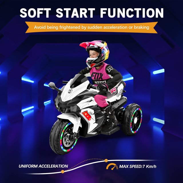 Cheelom Battery Powered Electric Vehicle for Kids, 12V Kids Motorcycle with 3 Wheels, LED Lights, White
