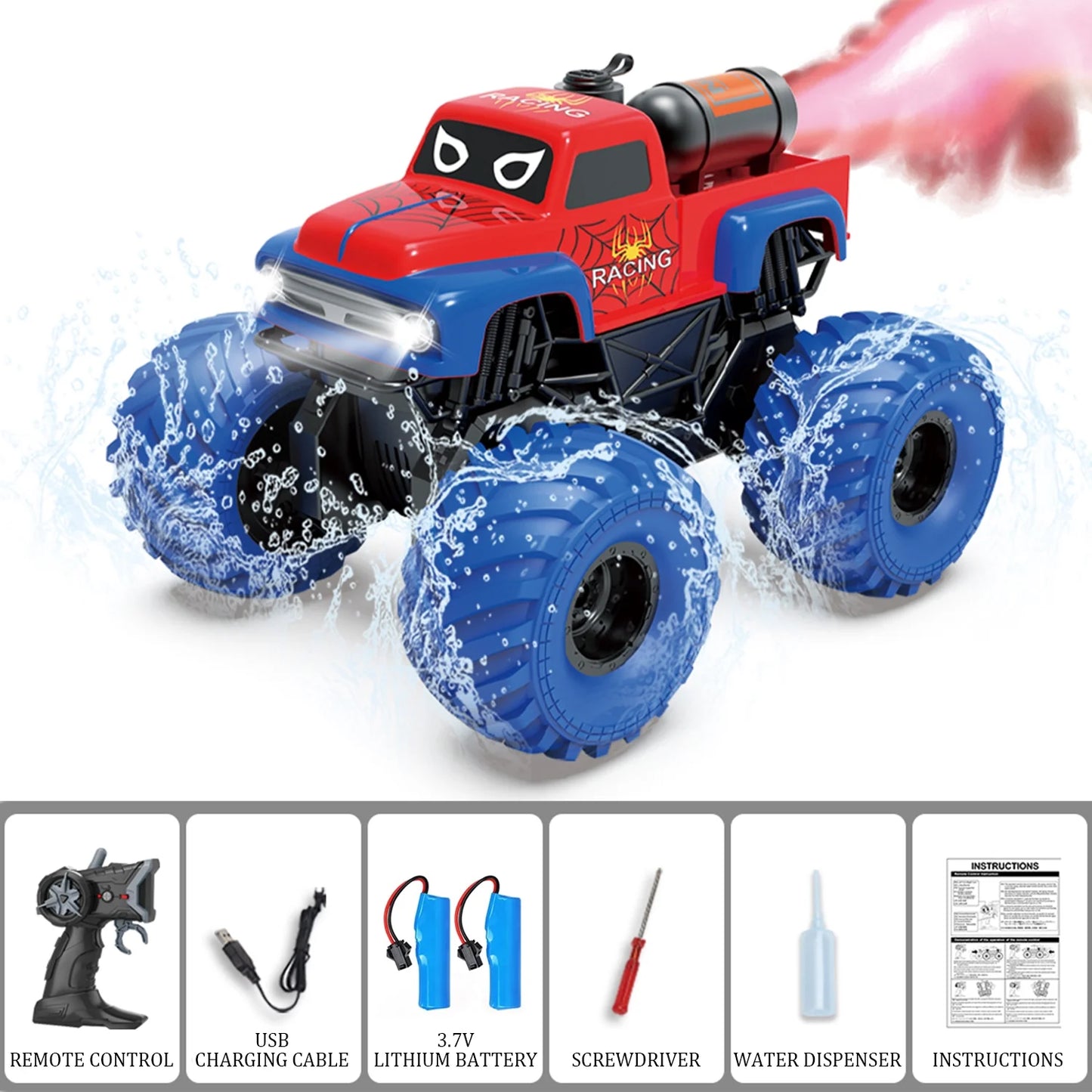 ZOGYMOZ Amphibious Remote Control Car, 1:16 All Terrain Off-Road Waterproof Monster Truck with Spray and LED Lights, 2 Rechargable Batteries, Kids Toys for Boys