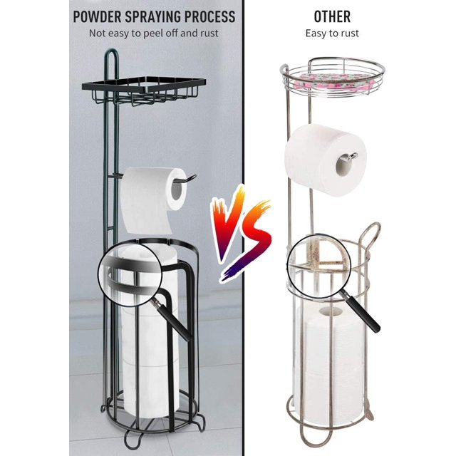 TECHVIDA Free Standing Toilet Paper Holder Stand, No Drilling Tissue Roll Holder, Toilet Paper Storage Roll Holder with Shelf for Bathroom, 2 Pack