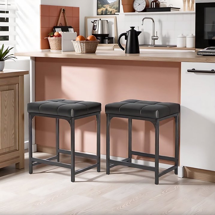 Counter Height Bar Stools Set of 2, 18" Barstools for Kitchen Countertop, PU Leather Counter Stools with Square Seats & Sturdy Metal Base