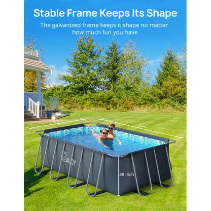 EVAJOY Metal Frame Swimming Pool Set for Families, Rectangular Above Ground Pool Set 14ft*7ft*48in with Cartridge Filter Pump, Filter Cartridge, Pool Ladder, Ground Cloth, Pool Cover for Backyard