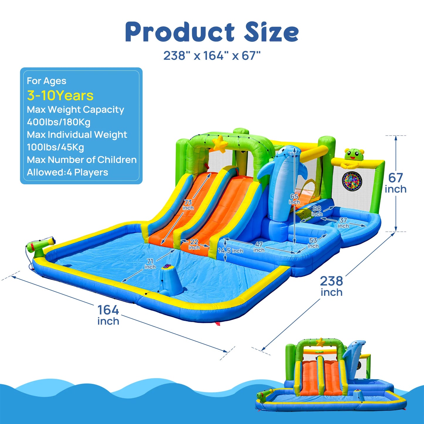 HNH Inflatable Water Park Double Slide Bouncy House with Splash Pool, Water Gun, Basketball, Climbing Wall, Dual Pools for Outdoor Party, Ages 3-12
