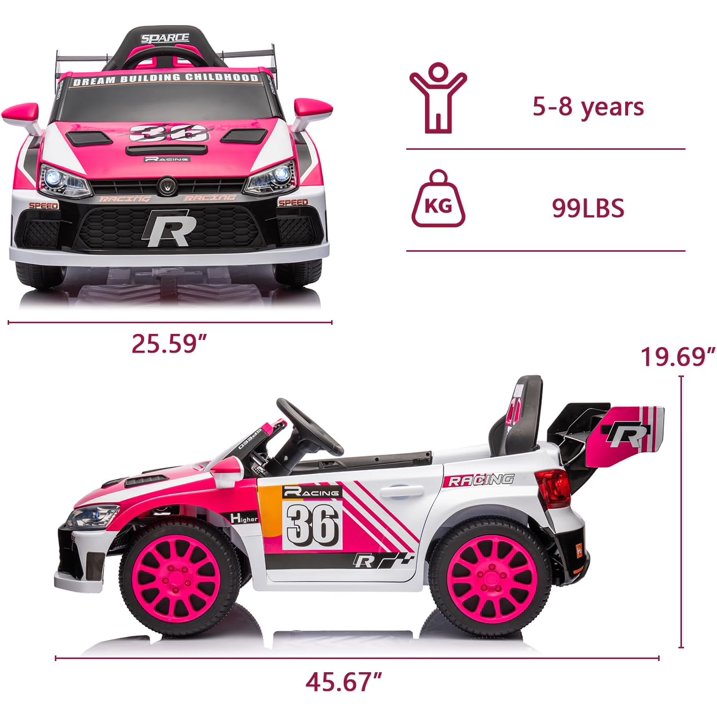 12V Kids Ride on Car Kids Electric Vehicle Toy, Battery Powered Toy Car w/Remote Control, 2 Speed, Bluetooth, LED Light, Ride On Race Toy, Pink