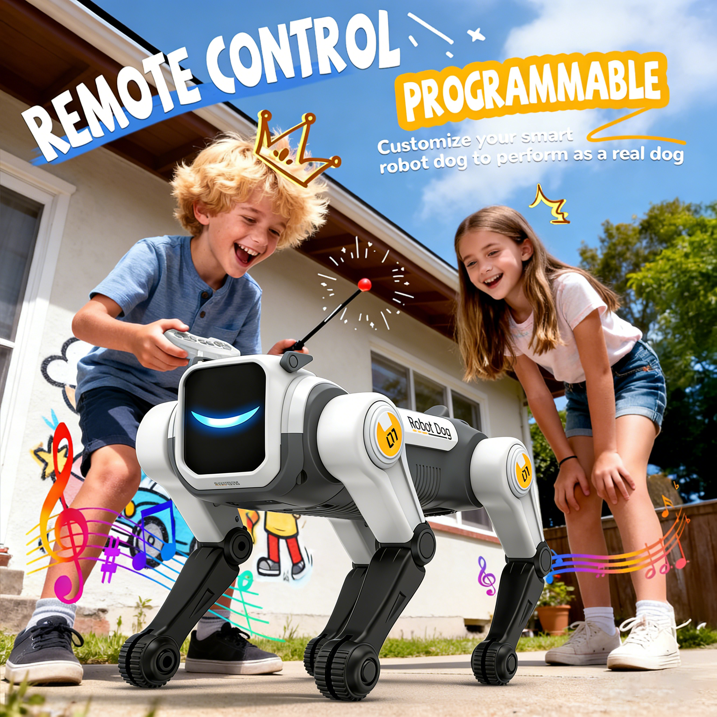 HNH Robot Dog Toy for Kids, 2.4Ghz Remote Control Stunt Dog with Music & Light, Voice Commands, White